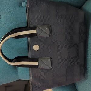 Black Bally canvas tote with black and white canvas handles